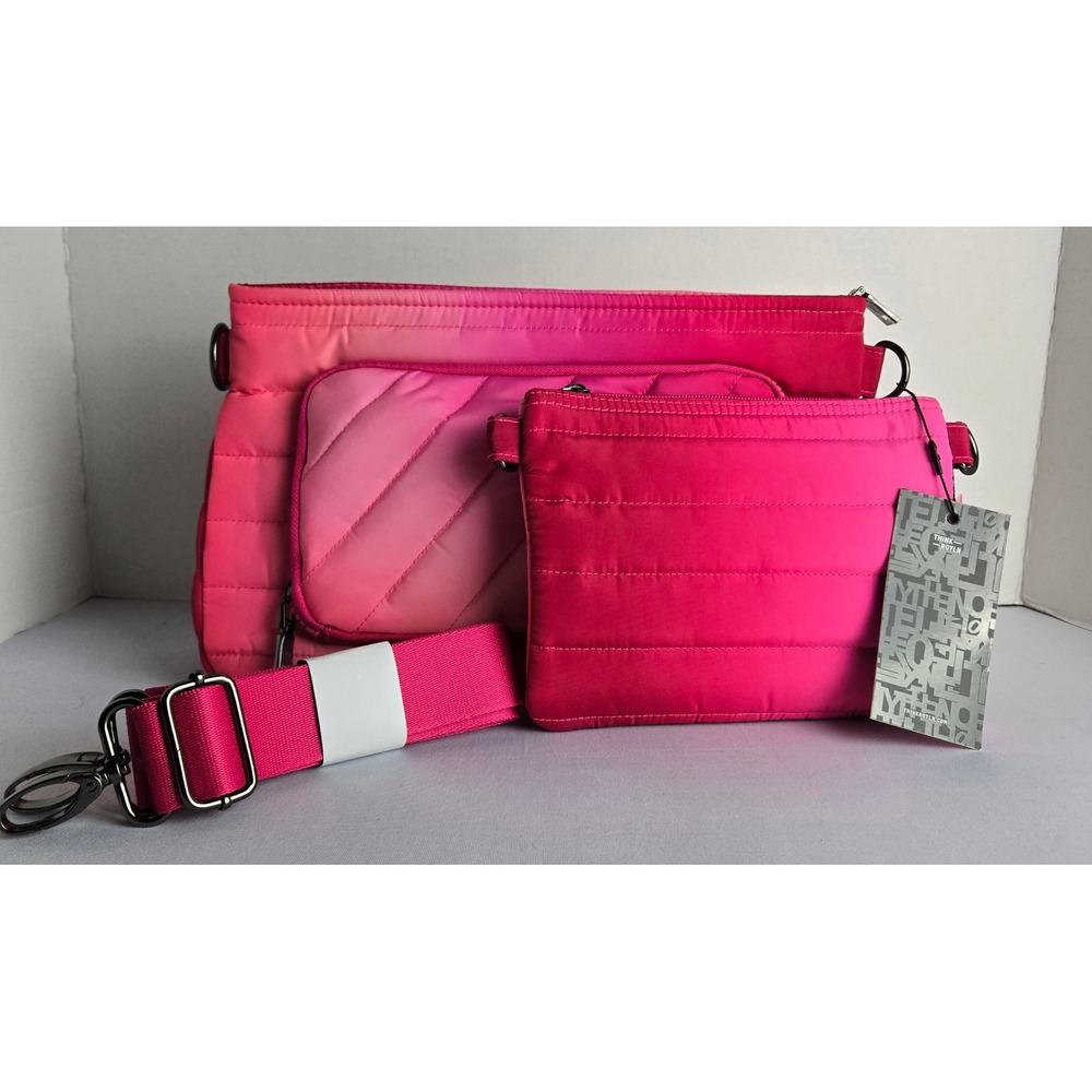 Think Royln Pink Ombre Quilted Puffer Crossbody Bag Set with Pouch NWT